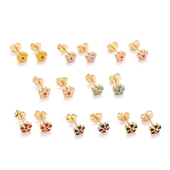 Mixed Color 304 Stainless Steel Enamel with Glitter Stud Earrings, with 316 Stainless Steel Pin, Flower, Mixed Color, 6.5x6.5x2.5mm, Pin: 0.8mm