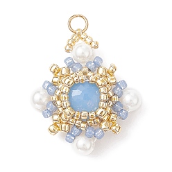 Light Blue K9 Glass & Shell Pearl & Seed Braided Pendants, Rhombus Charms, Light Blue, 25.5x23x7mm, Hole: 2mm