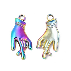 Rainbow Color Ion Plating(IP) 304 Stainless Steel Pendants, Hand Charms, Rainbow Color, 27x12x2.5mm, Hole: 3mm