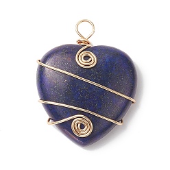 Lapis Lazuli Natural Lapis Lazuli Copper Wire Wrapped Pendants, Heart Charms, Light Gold, 37.5~39x31~31.5x9~9.5mm, Hole: 4.5mm