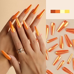 Dark Orange Plastic Laser Out Full Cover False Nail Tips, Press on long Coffin Nails, Nail Art Detachable Manicure, Teardrop, Dark Orange, 26.5~32.5x6.5~13.5mm, 24pcs/box