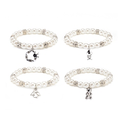 Motifs Mixtes Bracelet extensible perlé imitation perle et strass en plastique abs avec breloque en alliage pour femme, blanc, motifs mixtes, pendentif: 17~20x14~18x1.5~2 mm, diamètre intérieur: 2-1/8 pouce (5.3 cm)