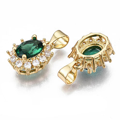 Dark Green Brass Micro Pave Cubic Zirconia Charms, with Brass Snap on Bails, Oval, Real 18K Gold Plated, Nickel Free, Dark Green, 14x11.5x7mm, Hole: 5x3.5mm