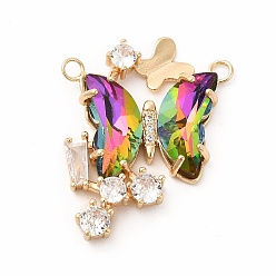 Разноцветный Латунь со стеклянными подвесками k9, золотые, бабочки прелести, красочный, 27x25x4.5 мм, отверстие : 2 мм
