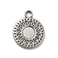 Stainless Steel Color 304 Stainless Steel Pendant Cabochon Settings, Flat Round with Flower, Stainless Steel Color, Tray: 6mm, 19x15.5x2mm, Hole: 2.5mm