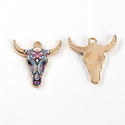 Colorful Zinc Alloy Enamel Pendants, Ox-Head Shape with Flower Pattern Charms, Colorful, 22x21x2.5mm, Hole: 2mm