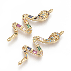 Golden Brass Micro Pave Cubic Zirconia Links, Cadmium Free & Lead Free, Snake, Colorful, Golden, 35x13x2.5mm, Hole: 1.2mm