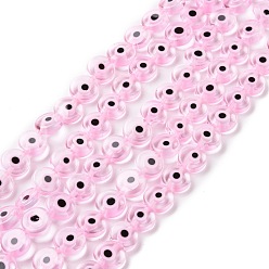 Pink Handmade Evil Eye Lampwork Flat Round Bead Strands, Pink, 10x4mm, Hole: 1mm, about 38pcs/strand, 14.96 inch