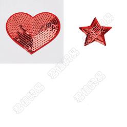 Rouge Foncé Pandahall elite 2 tissu de broderie informatisé fer sur/coudre sur les patchs, accessoires de costumes, appliques paillette, étoiles & coeur, rouge foncé, 69~148x85~148x1~1.5mm, 18 pcs /sachet 