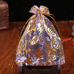Ciruela Bolsas de organza con cordón para joyas, bolsas de regalo de fiesta de boda, rectángulo con estampado de flores en oro, ciruela, 9x7 cm