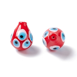 Red Handmade Evil Eye Lampwork Beads, Half Drilled, Teardrop, Red, 18.5~22x14.5~15.5mm, Hole: 1.2mm