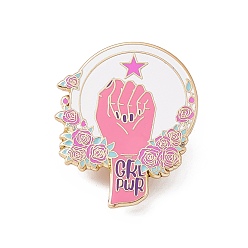 Pink Rugosa Rose With Girl's Hand Enamel Pin, Golden Brass Feminism Brooch for Backpack Clothes, Pink, 39x32x1.5mm, Pin: 1.2mm.