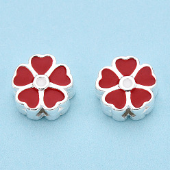Rouge Foncé 925 perles en argent sterling, avec l'émail, fleur, rouge foncé, 7.5x8x3.5mm, Trou: 1.5mm