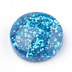 Deep Sky Blue Resin Cabochons, with Glitter Powder, Flat Round, Deep Sky Blue, 13.5~14x4~6mm