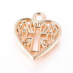 Light Gold Pendentifs en alliage, pendentifs coeur en croix, coeur avec la croix, or et de lumière, 16x14x2mm, Trou: 1.8mm
