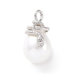 Platinum Shell Pearl Pendants, with Brass Findings, Cadmium Free & Lead Free, Long-Lasting Plated, Teardrop with Snake Charm, Platinum, 25x14x16mm, Hole: 4x3mm