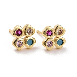 Real 18K Gold Plated Clover Brass Micro Pave Colorful Cubic Zirconia Ear Studs, Lead Free & Cadmium Free, Real 18K Gold Plated, 9x9mm, Pin: 0.8mm