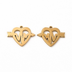 Oro Revestimiento iónico (ip) 304 colgantes de acero inoxidable, corazón con flecha y latido, dorado, 15x20x1.4 mm, agujero: 1.4 mm