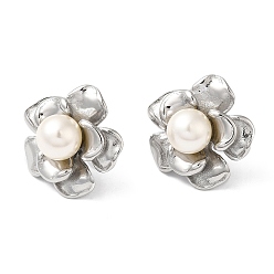 Stainless Steel Color Plastic Pearl Beaded Flower Stud Earrings, 304 Stainless Steel Jewelry, Stainless Steel Color, 23.5x25mm