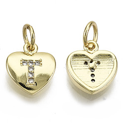 Letter T Brass Micro Pave Clear Cubic Zirconia Charms, with Jump Ring, Heart with Letter, Real 16K Gold Plated, Nickel Free, Letter.T, 10x9x2mm, Jump Ring: 5x1mm, 3mm inner diameter