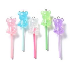 Bear Luminous Transparent Resin Big Pendants, Glitter Lollipop Charms, Glow in Dark, with Platinum Tone Iron Loops, Mixed Color, Bear, 71x17x15mm, Hole: 2mm