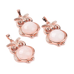 Quartz Crystal Natural Quartz Crystal Pendants, Owl Charms, with Rose Gold Tone Rack Plating Brass Findings, 35x23.5x8~9mm, Hole: 8x5mm