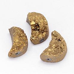 Golden Plated Electroplated Natural Druzy Quartz Crystal Beads, Moon, Golden Plated, 20x14x9~12mm, Hole: 1.5mm