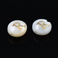 Letter R Natural Freshwater Shell Beads, with Golden Plated Brass Etched Metal Embellishments, Flat Round with Letter, Seashell Color, Letter.R, 6x4mm, Hole: 0.8mm