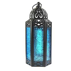 Bleu Ciel Foncé Lanterne à bougie ramadan en fer plaqué noir électrophorèse rétro, bougeoir décoratif en verre portatif de lampe accrochante pour la décoration à la maison, bleu profond du ciel, 95x80x250mm