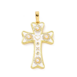 White Real 18K Gold Plated Eco-friendly Rack Plating Brass Enamel Pendants, with ABS Platic Imitation Pearls and Rhinestone, Cadmium Free & Lead Free, Long-Lasting Plated, Cross Charm, White, 30x19x3.5mm, Hole: 3.5x6mm