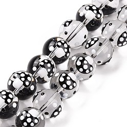 Black Handmade Lampwork Beads Strands, Round with Mushroom, Black, 12~12.5x11.5mm, Hole: 1.2mm, about 30pcs/strand, 13.78''(35cm)