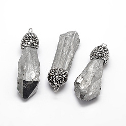 Gray Nuggets Dyed Electroplated Natural Druzy Crystal Big Pendants, with Polymer Clay Rhinestone and Platinum Tone Brass Findings, Gray, 46~60x12~19x6~18mm, Hole: 1.5mm