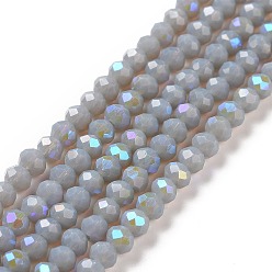 Gray Electroplate Opaque Solid Color Glass Beads Strands, Half Rainbow Plated, Faceted, Rondelle, Gray, 6x5mm, Hole: 1mm, about 85~88pcs/strand, 16.1~16.5 inch(41~42cm)