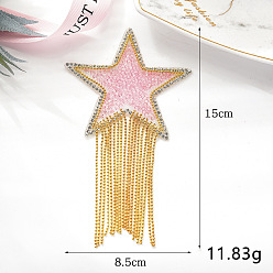 Pink Glitter Resin Hotfix Rhinestone, Iron on Patches, with Tassel, Dress Shoes Garment Decoration, Star, Pink, 150x85mm
