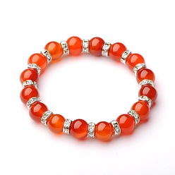 Carnelian Natural Carnelian(Dyed & Heated) Stretch Bracelets, with Silver Color Plated Brass Middle East Rhinestone Beads, 54mm