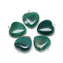 Teal Natural Brazilian Agate Pendants, Dyed & Heated, with Iron Findings, Heart, Platinum, Teal, 22x20x6mm, Hole: 1.5mm
