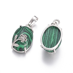 Malachite Synthetic Malachite Pendants, with Platinum Tone Brass Findings, Oval with Flower, 22x13.8x10.3mm, Hole: 6x3.5mm