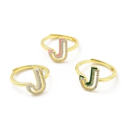 Letter J Mixed Color Enamel Initial Letter Adjustable Ring with Clear Cubic Zirconia, Real 18K Gold Plated Brass Jewelry for Women, Cadmium Free & Lead Free, Letter.J, US Size 5 1/4(16mm), Letter.J: 12.5x10mm