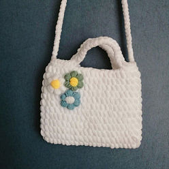 White DIY Flower Pattern Handbag Knitting Beginner Kits, including Polyester Yarn, Fiberfill, Crochet Needle, Instruction, White, 170x150mm