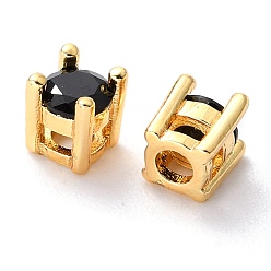 Black Brass inlaid Cubic Zirconia Slide Charms, Real 18K Gold Plated, Flat Round, Black, 4.5x4.5x5mm, Hole: 1x1.5mm