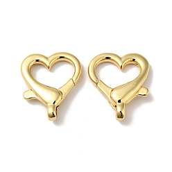 Chapado en Oro Real 18K Cierres de pinza de langosta de latón en forma de corazón, sin cadmio y níque y plomo, real 18 k chapado en oro, 25.5x21.5x6 mm, agujero: 2x4 mm