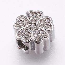 Crystal 304 Stainless Steel European Beads, Large Hole Beads, with Rhinestone, Flower, Stainless Steel Color, Crystal, 11x7mm, Hole: 4mm