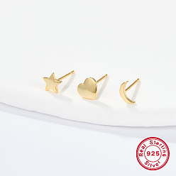 Golden 3Pcs 3 Style 925 Sterling Silver Stud Earrings, Moon & Star & Heart, with S925 Stamp, Golden, 5~6x4~6mm, 1Pc/style