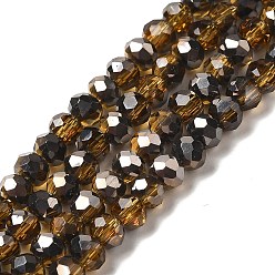 Saddle Brown Electroplate Transparent Glass Beads Strands, Half Black Plated, Faceted, Rondelle, Saddle Brown, 4x3mm, Hole: 0.4mm, about 123~127pcs/strand, 16.5~16.9 inch(42~43cm)