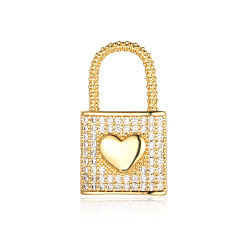 Real 18K Gold Plated Brass Micro Pave Clear Cubic Zirconia Pendants, Lock Charms, Real 18K Gold Plated, 24x14x2.4mm