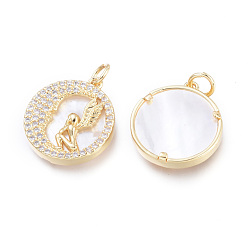Real 18K Gold Plated Brass Micro Pave Cubic Zirconia Pendants, with Jump Rings and Natural Shell, Long-Lasting Plated, Cadmium Free & Lead Free & Nickel Free, Flat Round with Angel, Clear, Real 18K Gold Plated, 18x16x3mm, Hole: 3.4mm