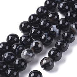 Black Natural Striped Agate/Banded Agate Beads Strands, Dyed & Heated, Round, Black, 10mm, Hole: 1.2mm, about 37pcs/strand, 14.65 inch(37.2cm)