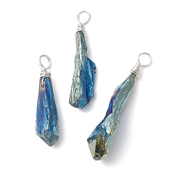 Blue Electroplated Natural Quartz Crystal Dyed Pendants, Teardrop Charms with Silver Color Plated Copper Wire Loops, Blue, 30~38x9.5~15x7~11mm, Hole: 4mm