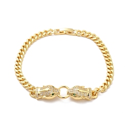 Real 18K Gold Plated Cubic Zirconia Double Kylin Link Bracelet wth Brass Curb Chains for Men Women, Cadmium Free & Nickel Free & Lead Free, Real 18K Gold Plated, 8-1/4 inch(21.1cm)