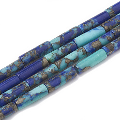 Bleu Perles synthétiques pierres fines brins, lapis lazuli ligne turquoise et or, colonne, bleu, 12~13x4~4.5mm, Trou: 1~1.2mm, Environ 30 pcs/chapelet, 15.9 pouce
